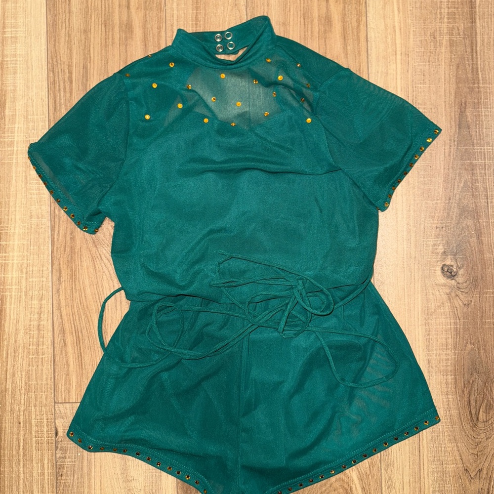 Balera Forest Green Romper with Gold Lix Rhinestones IC (intermediate child)